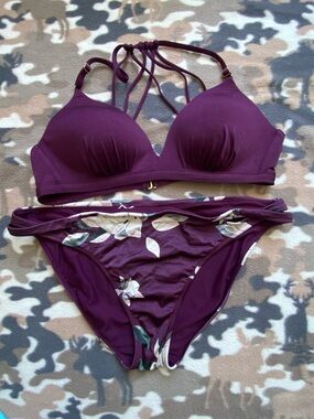Athleta Velvet Plum Floral Accent Strappy Bikini Set - Women's Two-Piece Swim.